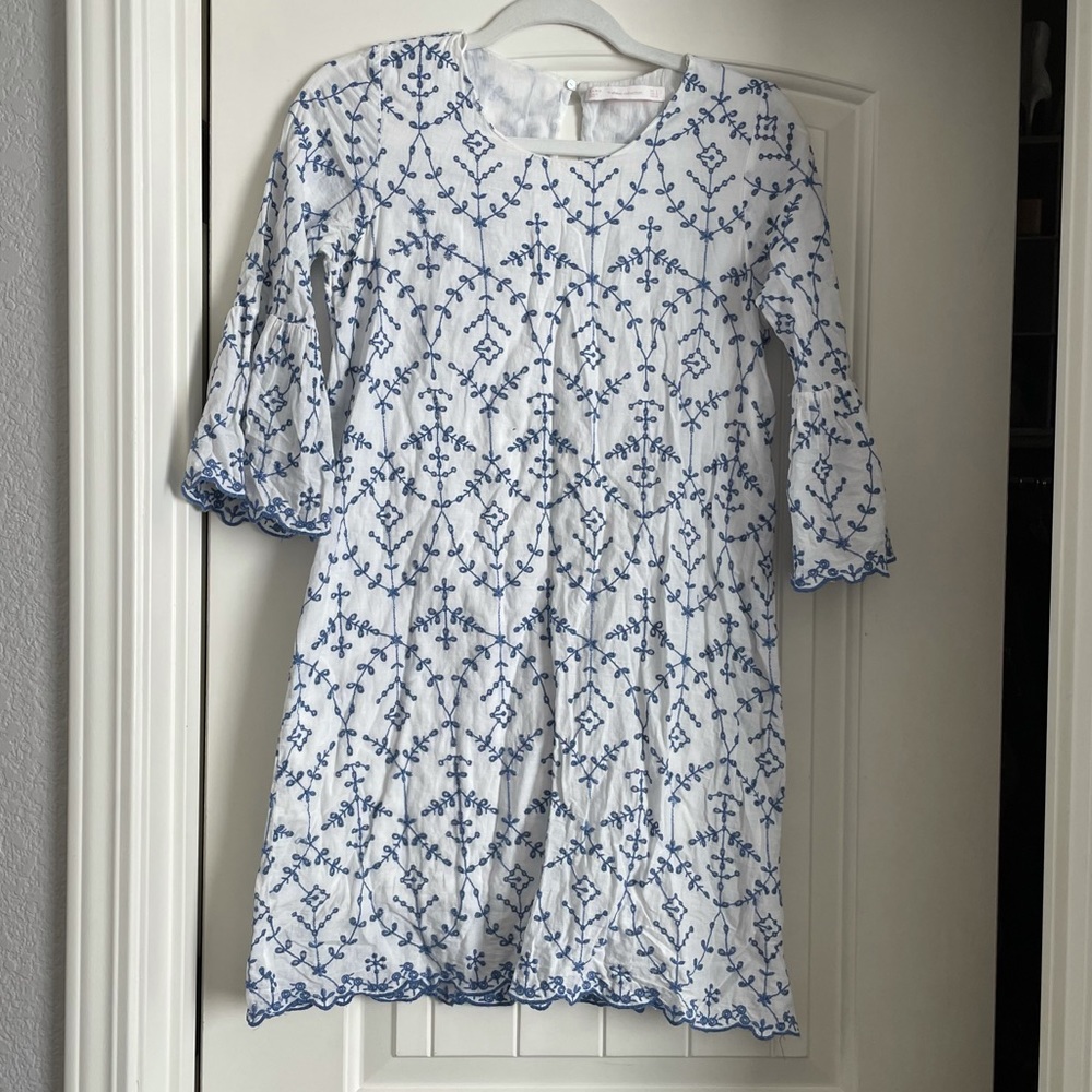Zara blue embroidered white mini dress